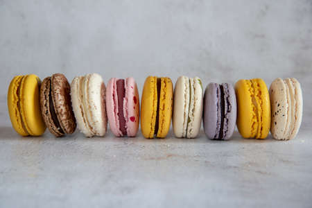 Typical and colorful french macaroons pastries. Food backgrounds, copy space for text.の写真素材