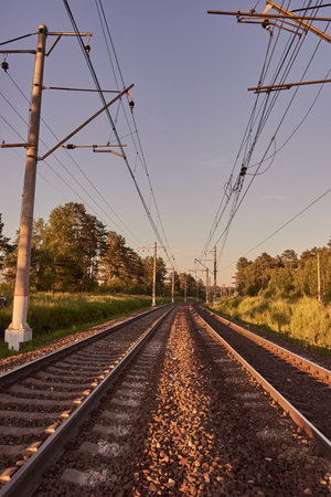 Industrial landscape with rails and railway on a summer evening.の写真素材