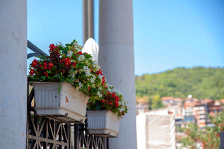 A balcony decorated with planters with bright multicolored begonias.の写真素材