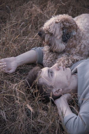 Portrait of a young man of 18 years old, lying with a dog,Soft-Coated Wheaten Terrier, in the dry grass, in the rays of the setting sun.の写真素材