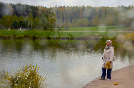 Shooting through wet glass. An elderly woman walks in an autumn park on a cloudy day.の写真素材