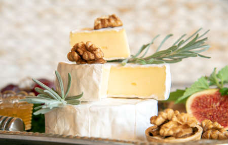 Cheese with white mold with herbs, nuts and fruits on a silver tray.の写真素材