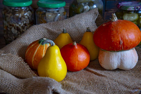 Pumpkins of various shapes and colors and various pickles in glass jars lie on rough burlap on a wooden background.の写真素材