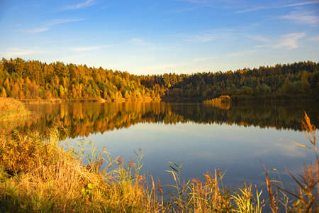 The bright yellowed forest is reflected in the surface of the lake, illuminated by sunlight. Autumn landscape.の写真素材