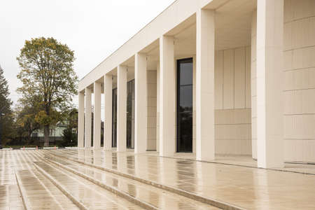 Russia, Vereya, September 2021. Zoya Kosmodemyanskaya Museum. building with columns under a cloudy rainy sky. New Zoya exhibition complex in Petrishchevo. Building facade. Modern architecture.のeditorial素材