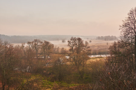 Autumn misty landscape. A thick fog rises over the river on a cloudy November day.の写真素材