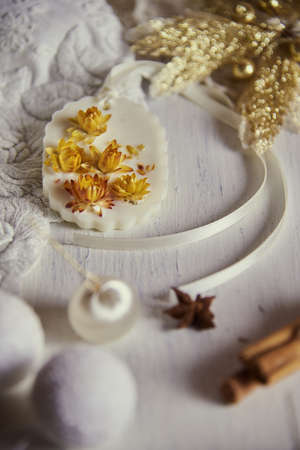 Aroma sachet. home decoration made using hand made technique. natural trendy eco decor made of wax. Floral decor.の写真素材