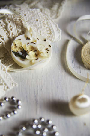 Aroma sachet. home decoration made using hand made technique. natural trendy eco decor made of wax. Floral decor.の写真素材