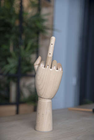 A wooden mannequin of a human hand with the middle finger raised and a stethoscope on the desktop.の写真素材