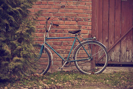 An old bicycle stands against a brick wall on the green grass.の写真素材