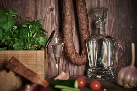 Still life with sausage, decanter and herbs. food background. Focus on the background.の写真素材