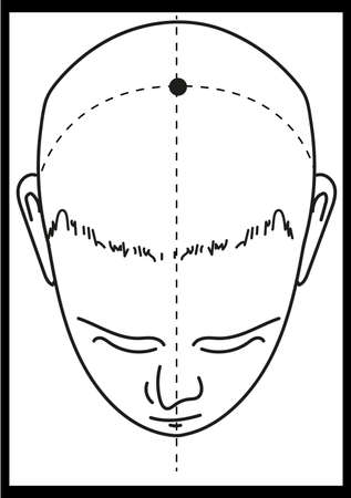 Schematically drawn head of a man with a dot in the area of the crown. A point of strength.の写真素材