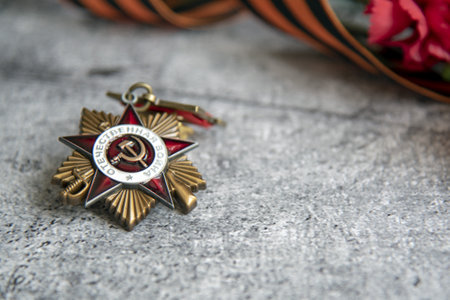 Russia, Moscow, February 2022. Victory Day May 9 holiday background composition, Second World...