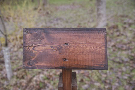 An empty wooden plaque on a blurry natural background.の写真素材