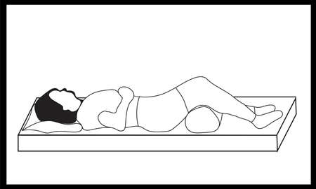 A schematically drawn woman lying in the correct sleeping position with a roller under her knees, on a mattress.のイラスト素材