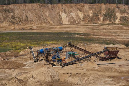 Conveyor belts in an installation for sorting sand for concrete production and construction activities.の写真素材