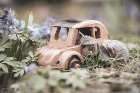 A series of photos of one day in the life of snails. large garden snail and a retro car in spring...