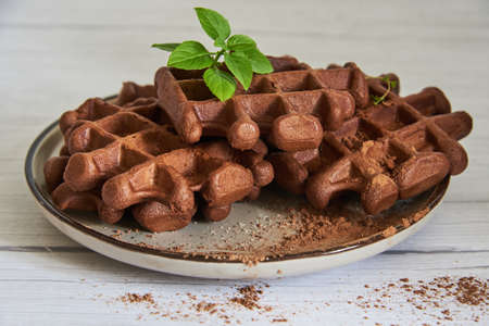 Delicious Belgian chocolate waffles on a ceramic plate on a light wooden countertop. selective focus.の写真素材