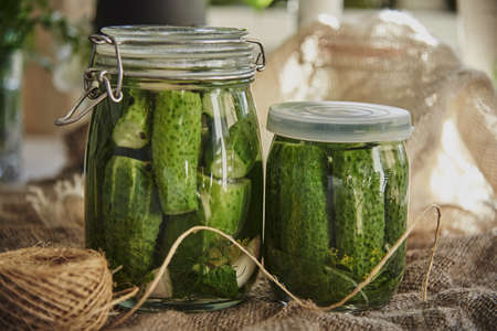Preservations, conservation. Salted, pickled cucumbers in a jar on coarse burlap.の写真素材
