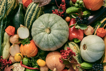 Ripe autumn vegetables and berries are laid out on the table. view from above. Background of fresh vegetables.The concept of a healthy lifestyle.の写真素材