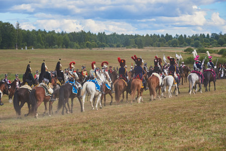 September 4, 2022, Borodino, Russia. Reconstruction of the battle of 1812 on the Borodino field. People put on the costumes of the Russian and French armies of the 19th century.のeditorial素材