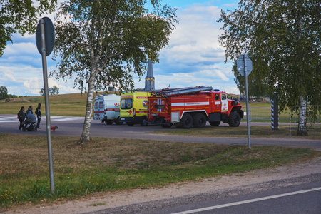 Russia, Borodino, September 2022. Three official cars, an ambulance, an intensive care unit and a...