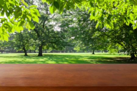 wooden table with park bokeh backgroundの写真素材