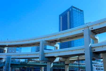 Overpass and skyscrapers in the city of Tokyo, Japanの写真素材