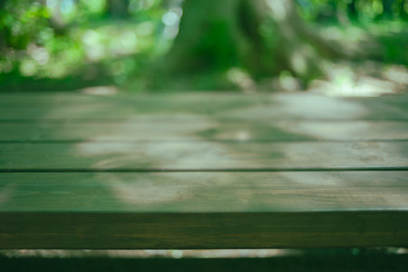 wooden table with park bokeh backgroundの写真素材