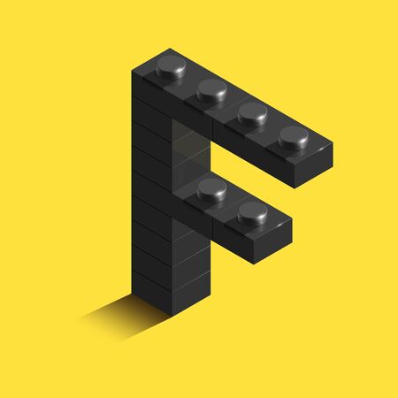 Realistic black 3d isometric letter F of the alphabet from constructor bricks. Black 3d isometric plastic letter from the building blocks. 3d letters. 3d design illustration.のイラスト素材