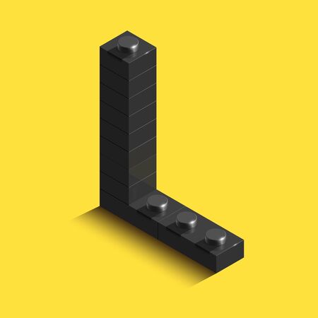 Realistic black 3d isometric letter of the alphabet from constructor bricks. Black 3d isometric plastic letter from the building blocks. 3d letters. 3d designのイラスト素材