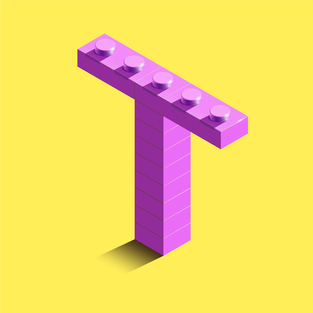 Realistic pink 3d isometric letter T of the alphabet from constructor bulding bricks. Pink 3d isometric plastic letter from the building blocks. 3d lettersのイラスト素材