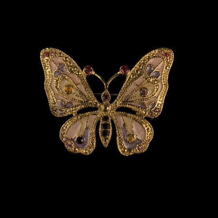 gold vintage brooch with crystals in the shape of a butterflyの写真素材