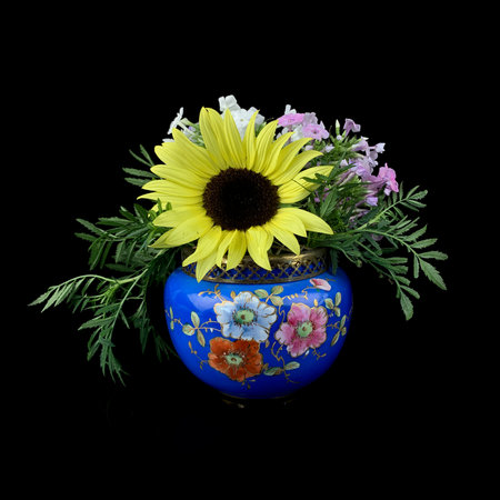 ultramarine antique rose bowl . vintage blue hand painted vaseの写真素材