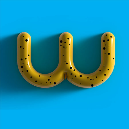 3d yellow bubble plastic letter W. Glossy yellow alphabet letter W lowercase. 3d render realistic yellow plastic bubble on Blue background letter Wの写真素材
