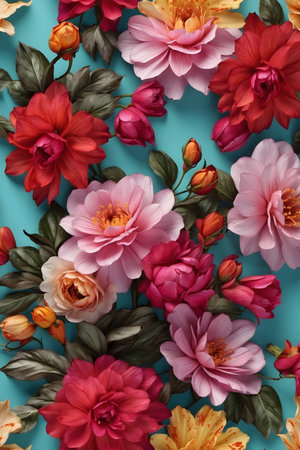 Flowers composition. Pattern made of beautiful flowers on blue background. Flat lay, top view, copy spaceの写真素材