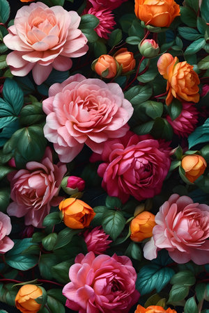 Colorful roses background. Floral pattern. Flat lay, top view.の写真素材