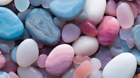 Colorful pebbles as background, top view, close up