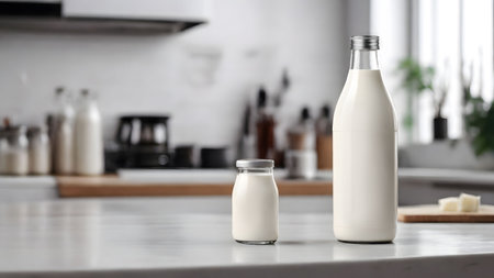 Bottle of tasty milk on table in kitchen, space for textの素材