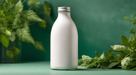 Milk bottle mockup on green eco-friendly background, reusable bottle template, generative AIの素材