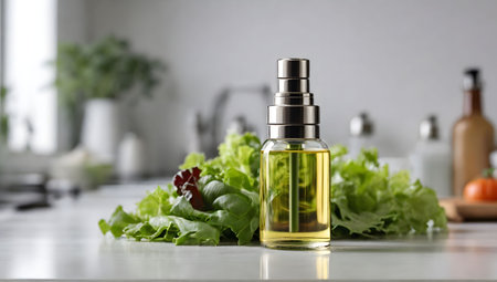 Olive oil bottle mockup with green salad leaves. mockup of an olive oil bottle in the interior of a modern kitchen. generated by AI n modern kitchen, closeupの素材