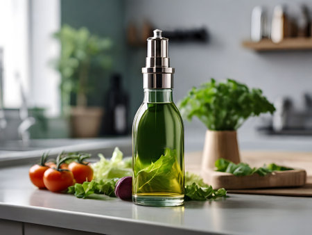 Olive oil bottle mockup with green salad leaves. mockup of an olive oil bottle in the interior of a modern kitchen. generated by AI. Space for textの素材