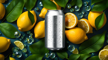 mockup of a metal soda can on a background of juicy fruit. Cans of lemonade with lemons and green...