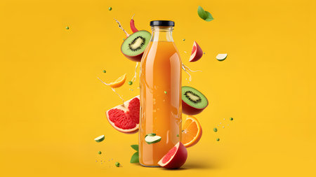 mockup of glass Bottle of freshly squeezed juice. Fresh orange juice in a bottle with flying fruits on a yellow backgroundの素材