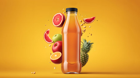 mockup of glass Bottle of freshly squeezed juice with splashes on orange background. advertising photo of juice.の素材