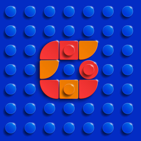 Colorful letters G of alphabet from building lego bricks on blue brick background. 3d letters....
