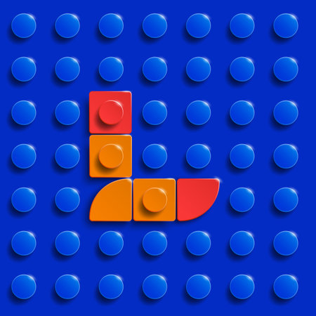 Colorful letters L of alphabet from building lego bricks on blue brick background. 3d letters. Realistic letters W. 3d letters a from building lego bricksの写真素材