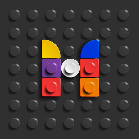 Colorful 3d cubes on a dark background. Vector illustration. Colorful Lego letter M from plastic building bricks. Black Lego bricks backgroundの写真素材