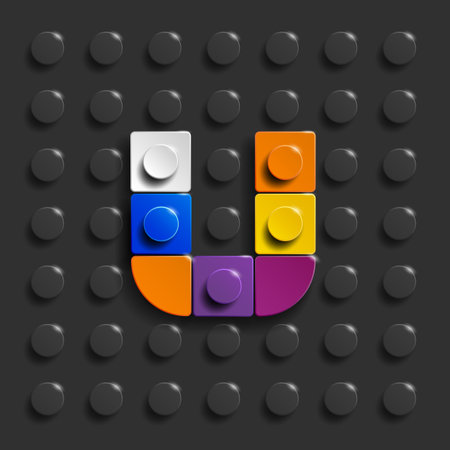 Colorful 3d cubes on a dark background. Vector illustration. Colorful Lego letter V from plastic building bricks. Black Lego bricks backgroundの写真素材