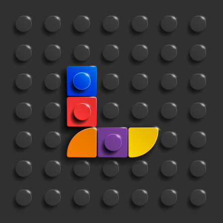 Colorful 3d cubes on a dark background. Vector illustration. Colorful Lego letter L from plastic building bricks. Black Lego bricks backgroundの写真素材